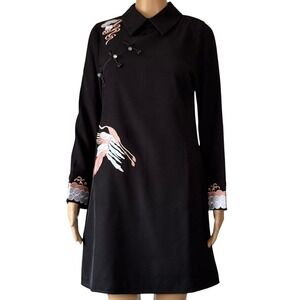 Lai Meng Five Cats Black Embroidered Crane Mini Dress XS Long Sleeve Cocktail